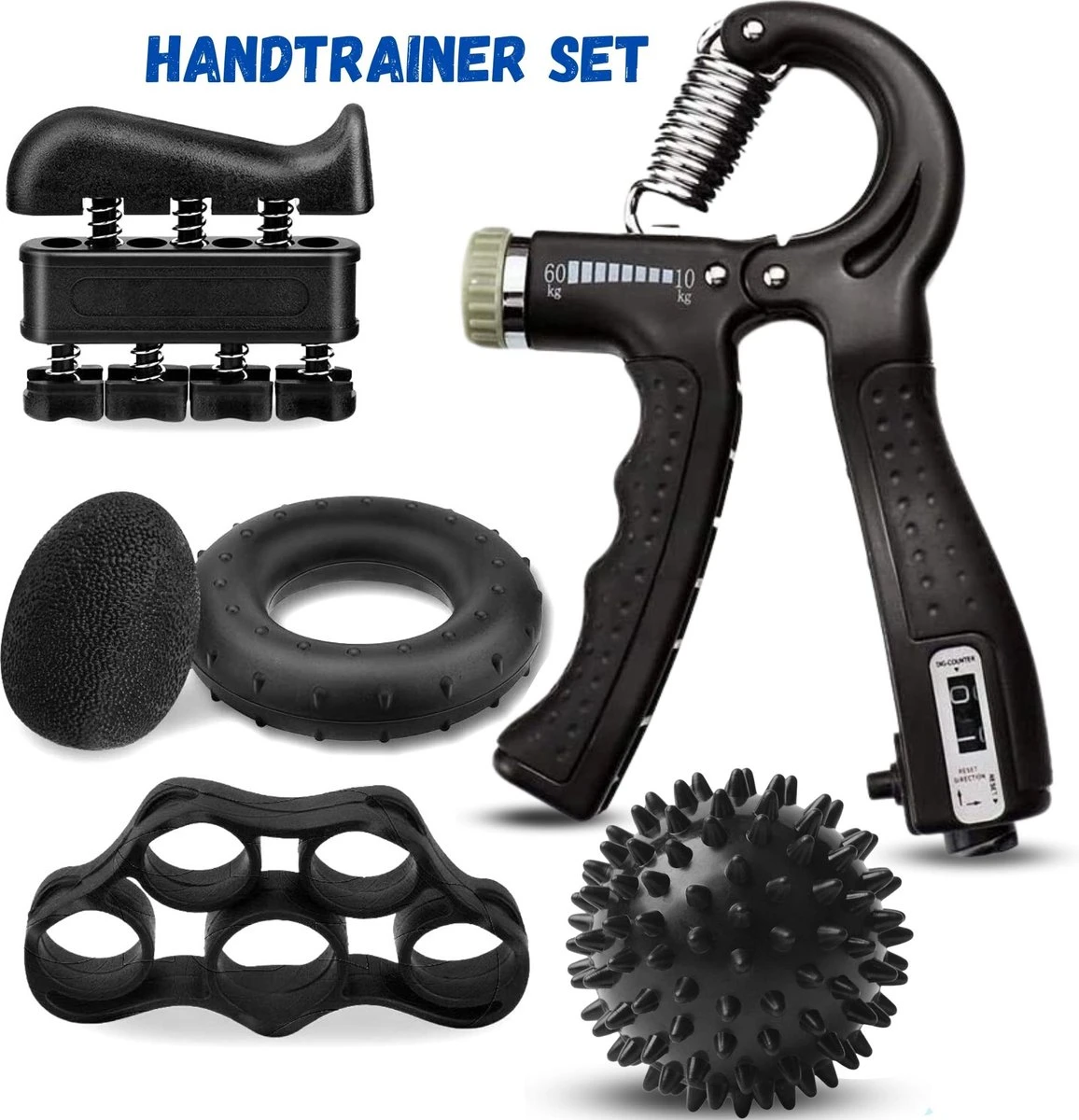 KANGKA 6 Delige Handtrainer Set – Verstelbare Handknijper - Handgrip - Vingertrainer - Onderarm Grip Trainer – Stressbal, Knijphalter, Stretcher & Grip Bal 3 KANGKA 6 Delige Handtrainer Set – Verstelbare Handknijper - Handgrip - Vingertrainer - Onderarm Grip Trainer – Stressbal, Knijphalter, Stretcher & Grip Bal