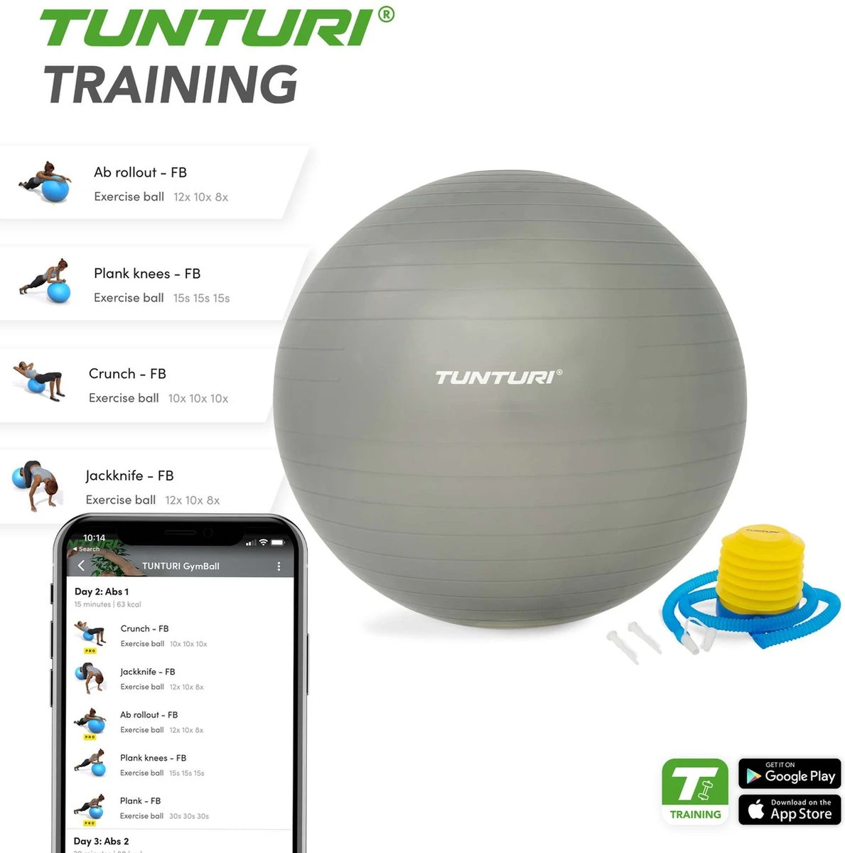 Tunturi Fitness Bal - Yoga Bal Inclusief Pomp - Pilates Bal - Zwangerschaps Bal - 65 Cm - Kleur: Zilver - Incl. Gratis Fitness App 7 Tunturi Fitness Bal - Yoga Bal Inclusief Pomp - Pilates Bal - Zwangerschaps Bal - 65 Cm - Kleur: Zilver - Incl. Gratis Fitness App - Afbeelding 5