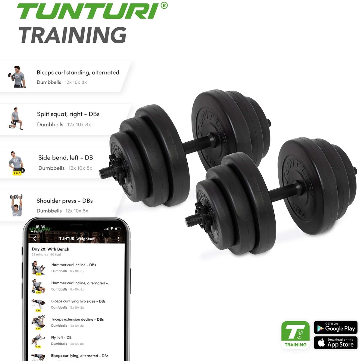 Tunturi Gewichten - Halterset - Dumbbell Set - 2 Stuks - Totaal 28kg - Zwart - Vinyl - Incl. Gratis Fitness App 11 Tunturi Gewichten - Halterset - Dumbbell Set - 2 Stuks - Totaal 28kg - Zwart - Vinyl - Incl. Gratis Fitness App - Afbeelding 9