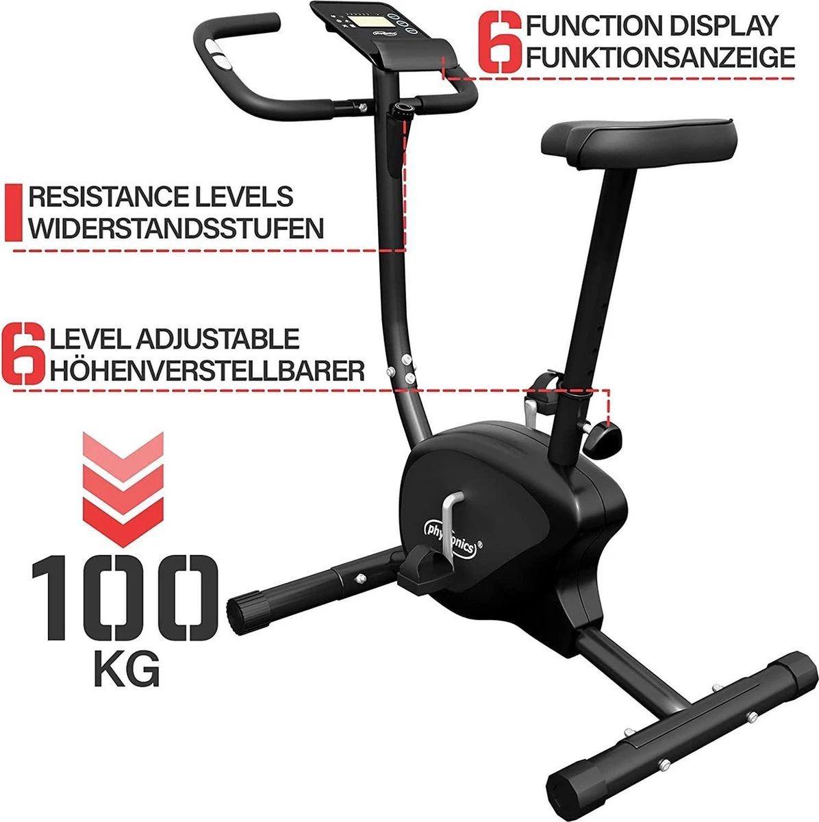 Physionics® Hometrainer - Met LCD-display, Verstelbare Zitting & Weerstand, Met Handpolssensoren, Tot 100 Kg, Zwart - Hometrainer, Fietstrainer, Fitnessfiets, Fitnessfiets, Ergometer 7 Physionics® Hometrainer - Met LCD-display, Verstelbare Zitting & Weerstand, Met Handpolssensoren, Tot 100 Kg, Zwart - Hometrainer, Fietstrainer, Fitnessfiets, Fitnessfiets, Ergometer - Afbeelding 5