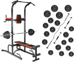 Fitness Trainer - Pull Up Toren - Dip Station – Push Up Bar - Dip Rack Halterbank Inc. 50 Kg GEWICHTEN + Sportbank Fitnessbank + Halterschijven + 3 Halterstangen - Multifunctioneel - Volledig Instelbaar - Opklapbaar