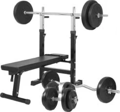 Gorilla Sports Halterbank Zwart Met 100 Kg Halterset - Fitnessbank - Verstelbaar - Halterstang Met Gewichten - Kunststof