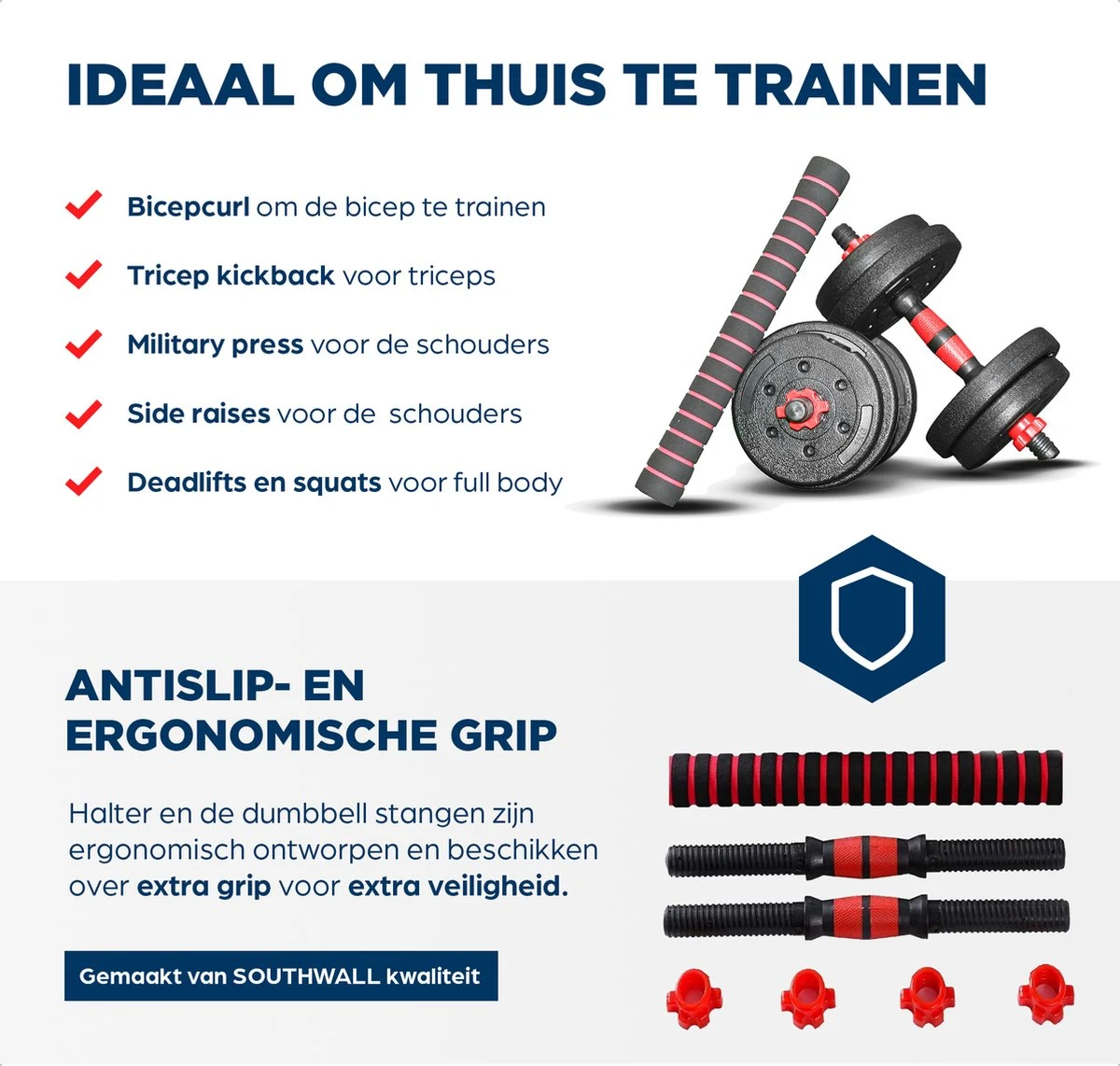 SOUTHWALL Dumbbells Set Verstelbaar Met Halterstang Tot 10kg – Verstelbare Halterset – Fitness Stang – Fitness Gewichten Set – Professionele 2-in-1 Dumbbellset – Gebruiksvriendelijk – Multifunctioneel – Dumbell Set 10 Kg – Rood/Zwart 4 SOUTHWALL Dumbbells Set Verstelbaar Met Halterstang Tot 10kg – Verstelbare Halterset – Fitness Stang – Fitness Gewichten Set – Professionele 2-in-1 Dumbbellset – Gebruiksvriendelijk – Multifunctioneel – Dumbell Set 10 Kg – Rood/Zwart - Afbeelding 2