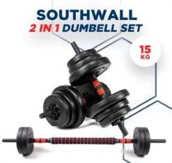 SOUTHWALL Dumbbells Set Verstelbaar Met Halterstang Tot 15kg – Verstelbare Halterset – Fitness Stang – Fitness Gewichten Set – Professionele 2-in-1 Dumbbellset – Gebruiksvriendelijk – Multifunctioneel – Dumbell Set 15 Kg – Rood