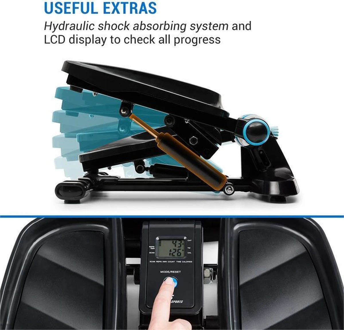 CAPITAL SPORTS Galaxy Step - Mini Stepper - Fitness Training Voor Thuis - LC Display - Inclusief Power Ropes - App Bediening - Blauw 6 CAPITAL SPORTS Galaxy Step - Mini Stepper - Fitness Training Voor Thuis - LC Display - Inclusief Power Ropes - App Bediening - Blauw - Afbeelding 4