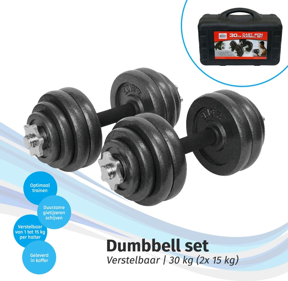 Verstelbare Dumbbell Set 30 Kg Met Koffer - Gietijzeren Gewichten - 2x 15 Kg 4 Verstelbare Dumbbell Set 30 Kg Met Koffer - Gietijzeren Gewichten - 2x 15 Kg - Afbeelding 2
