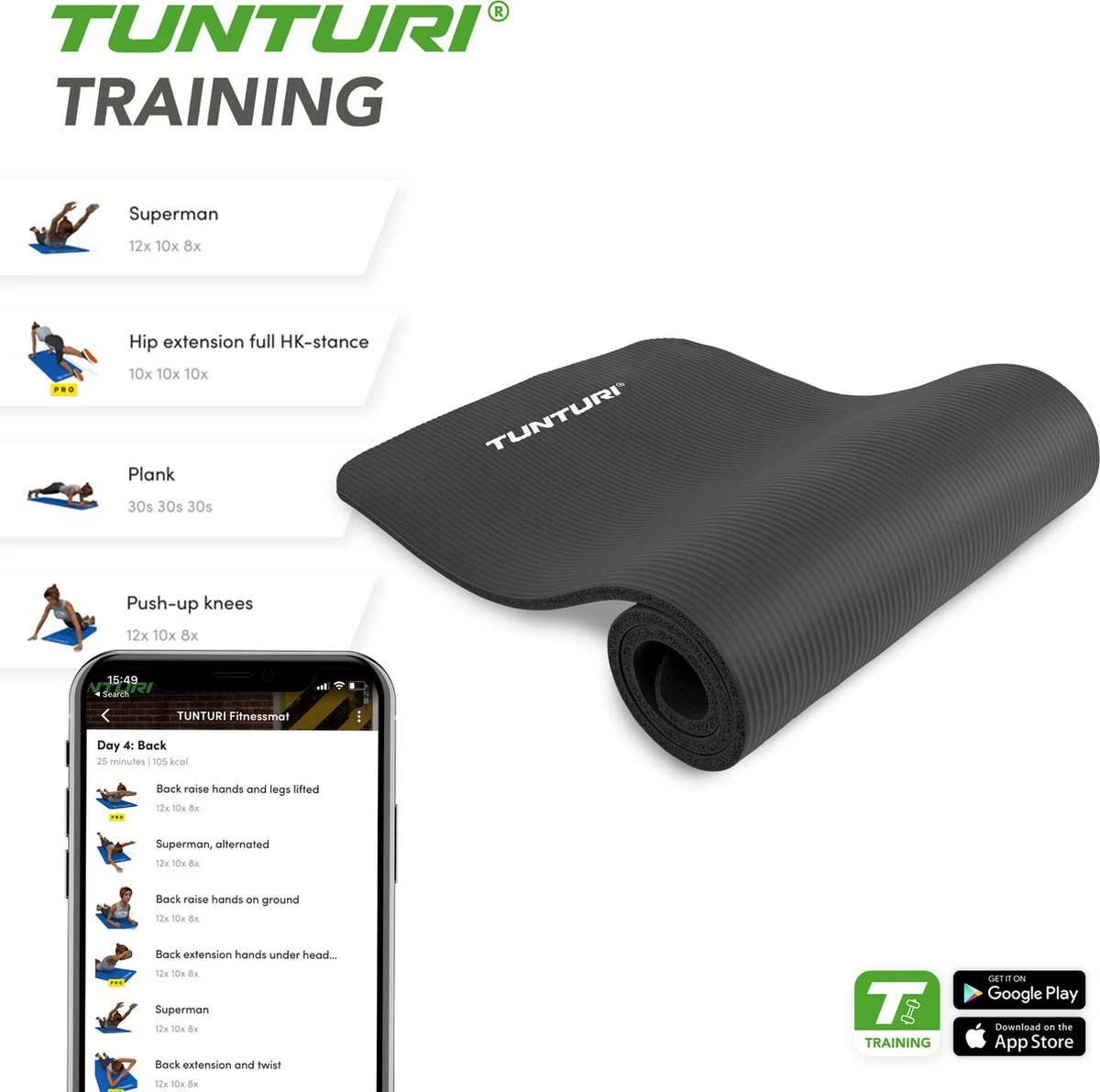 Tunturi Fitnessmat - Yogamat - Sportmat Gemaakt Van Zacht NBR Materiaal - 180 X 60 X 1,5cm - Zwart - Incl. Gratis Fitness App 7 Tunturi Fitnessmat - Yogamat - Sportmat Gemaakt Van Zacht NBR Materiaal - 180 X 60 X 1,5cm - Zwart - Incl. Gratis Fitness App - Afbeelding 5