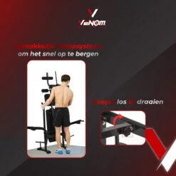 Venom Sports Halterbank – Fitnessbank – Verstelbare Rugleuning – Uiterst Geschikt Voor Gewichten – Incl. Beenhouder – Zachte Handgrepen – PU Kussens – Triangel Structuur – Inklapbaar - Zwart - 182x116x112cm -Fit Gear Verkoop 1200x1200 1037