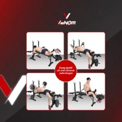 Venom Sports Halterbank – Fitnessbank – Verstelbare Rugleuning – Uiterst Geschikt Voor Gewichten – Incl. Beenhouder – Zachte Handgrepen – PU Kussens – Triangel Structuur – Inklapbaar - Zwart - 182x116x112cm -Fit Gear Verkoop 1200x1200 1038