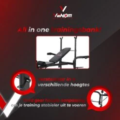 Venom Sports Halterbank – Fitnessbank – Verstelbare Rugleuning – Uiterst Geschikt Voor Gewichten – Incl. Beenhouder – Zachte Handgrepen – PU Kussens – Triangel Structuur – Inklapbaar - Zwart - 182x116x112cm -Fit Gear Verkoop 1200x1200 1039
