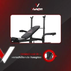 Venom Sports Halterbank – Fitnessbank – Verstelbare Rugleuning – Uiterst Geschikt Voor Gewichten – Incl. Beenhouder – Zachte Handgrepen – PU Kussens – Triangel Structuur – Inklapbaar - Zwart - 182x116x112cm -Fit Gear Verkoop 1200x1200 1042