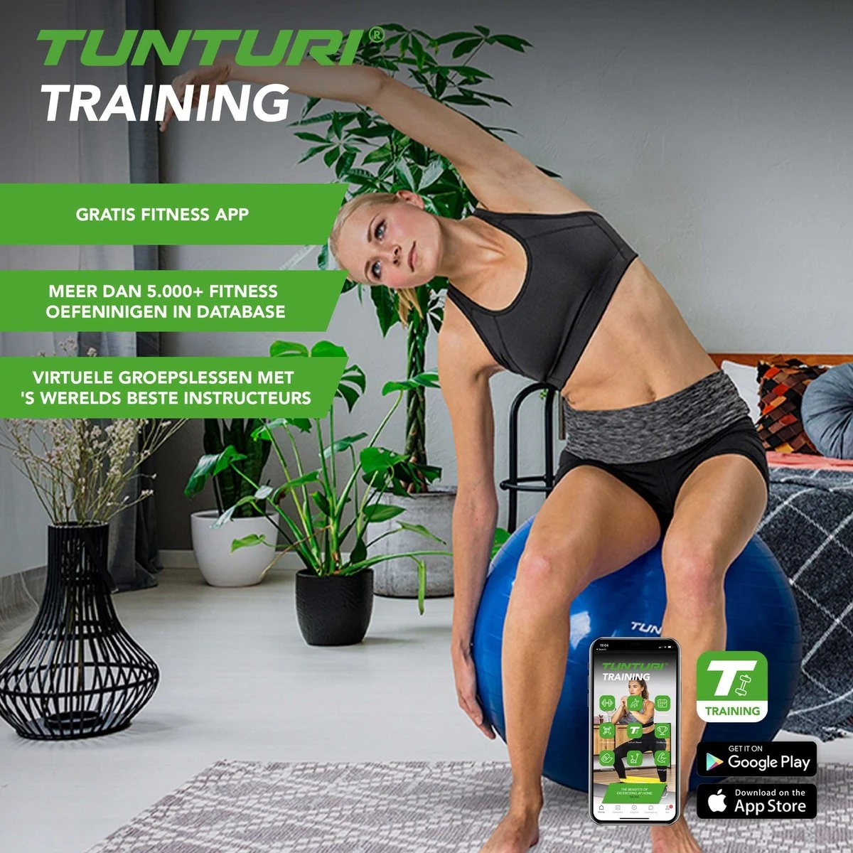 Tunturi Fitness Bal - Yoga Bal Inclusief Pomp - Pilates Bal - Zwangerschaps Bal - 90 Cm - Kleur: Zwart - Incl. Gratis Fitness App 6 Tunturi Fitness Bal - Yoga Bal Inclusief Pomp - Pilates Bal - Zwangerschaps Bal - 90 Cm - Kleur: Zwart - Incl. Gratis Fitness App - Afbeelding 4