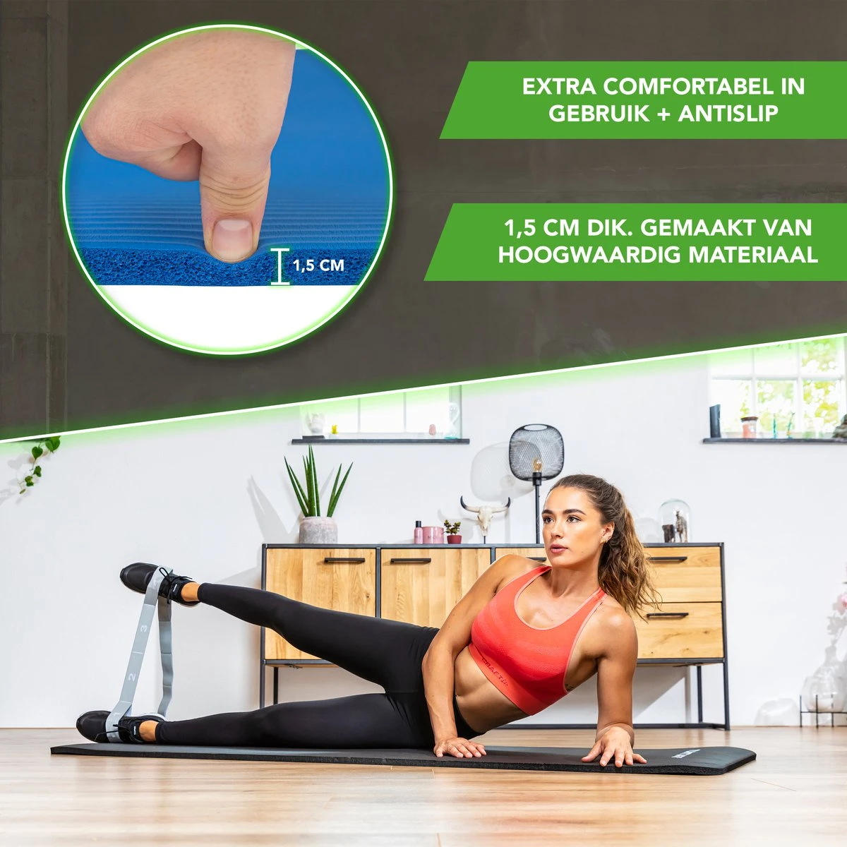 Tunturi Fitnessmat - Yogamat - Sportmat Gemaakt Van Zacht NBR Materiaal - 180 X 60 X 1,5cm - Blauw - Incl. Gratis Fitness App 4 Tunturi Fitnessmat - Yogamat - Sportmat Gemaakt Van Zacht NBR Materiaal - 180 X 60 X 1,5cm - Blauw - Incl. Gratis Fitness App - Afbeelding 2