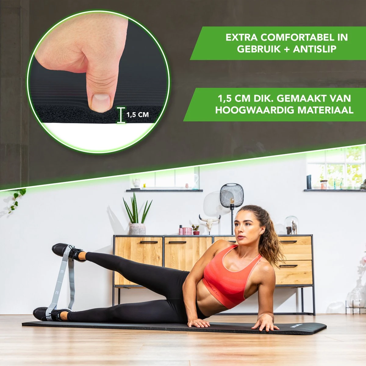 Tunturi Fitnessmat - Yogamat - Sportmat Gemaakt Van Zacht NBR Materiaal - 180 X 60 X 1,5cm - Zwart - Incl. Gratis Fitness App 4 Tunturi Fitnessmat - Yogamat - Sportmat Gemaakt Van Zacht NBR Materiaal - 180 X 60 X 1,5cm - Zwart - Incl. Gratis Fitness App - Afbeelding 2