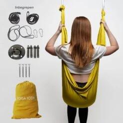 Therapeutische Hangmat YOGA ICON | Aerial Yoga | 280*150cm | Goud | Inclusief Handige Draagtas En 1 Plafondhaak | Workout | Training En Ontspanning |