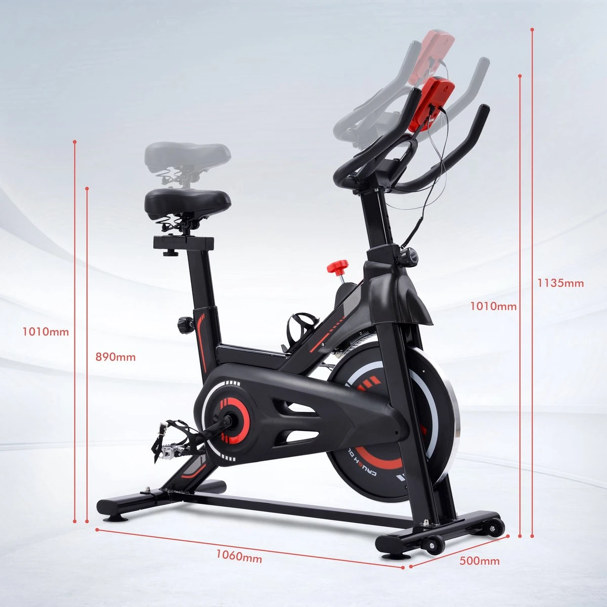 Indoor Cycling Fiets Met Magnetische Weerstand - Stationaire Cardiogym Hometrainer - 6 Kg Vliegwiel En Verstelbaar Comfortabel Zitje - Zwart En Rood 7 Indoor Cycling Fiets Met Magnetische Weerstand - Stationaire Cardiogym Hometrainer - 6 Kg Vliegwiel En Verstelbaar Comfortabel Zitje - Zwart En Rood - Afbeelding 5