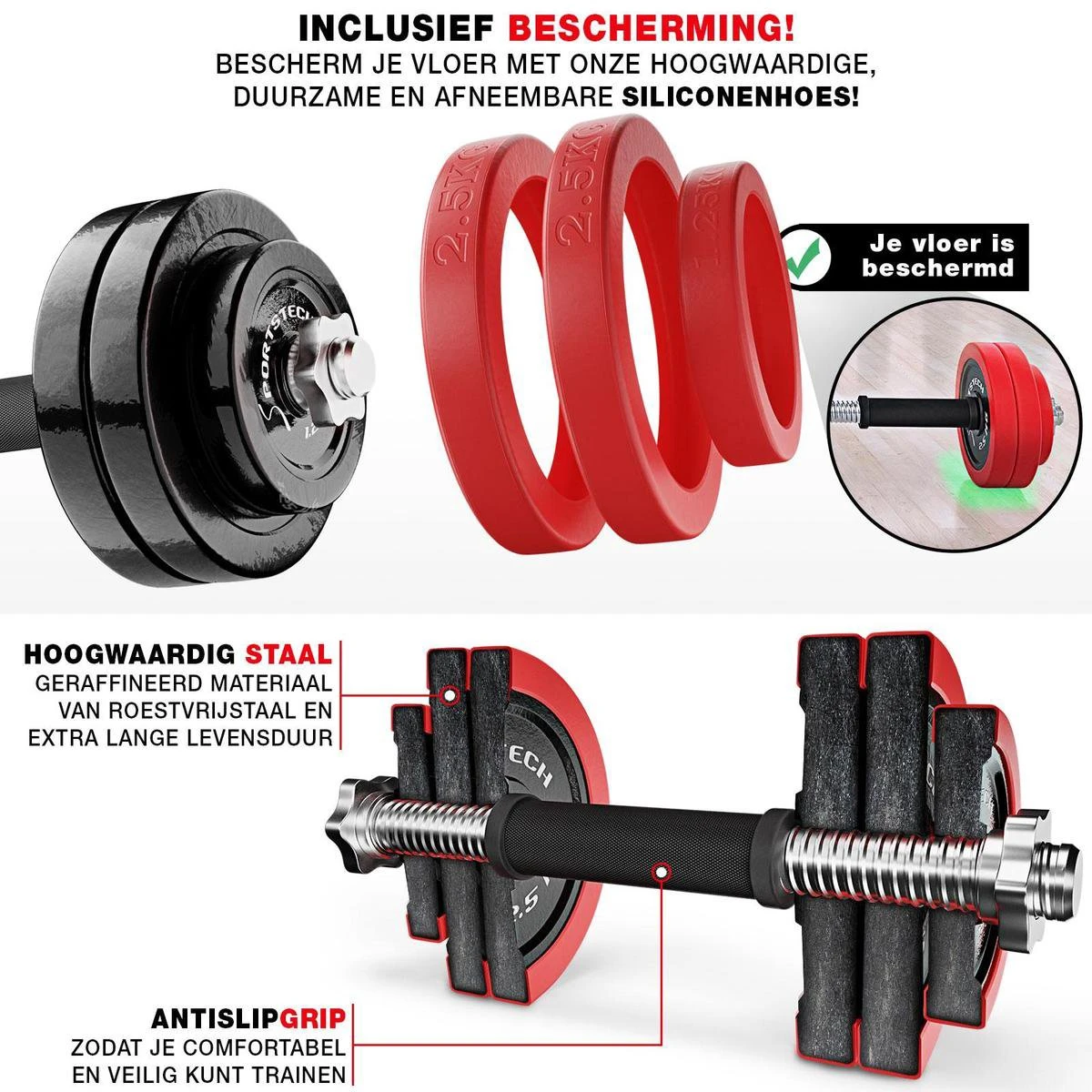 Sportstech AH300 Halterset - Korte&lange Halter Dumbbell Ineen - 30 Kg - Halters - Gewichten 4 Sportstech AH300 Halterset - Korte&lange Halter Dumbbell Ineen - 30 Kg - Halters - Gewichten - Afbeelding 2