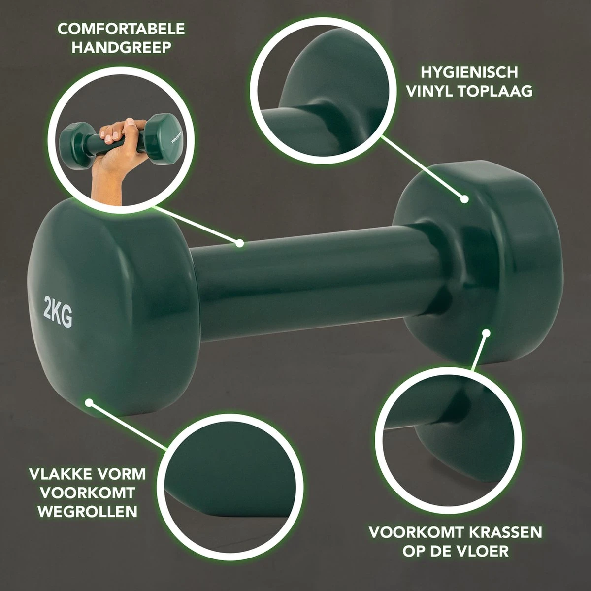 Tunturi Dumbbell Set - 2 X 2,0 Kg - Vinyl - Groen - Incl. Gratis Fitness App 4 Tunturi Dumbbell Set - 2 X 2,0 Kg - Vinyl - Groen - Incl. Gratis Fitness App - Afbeelding 2