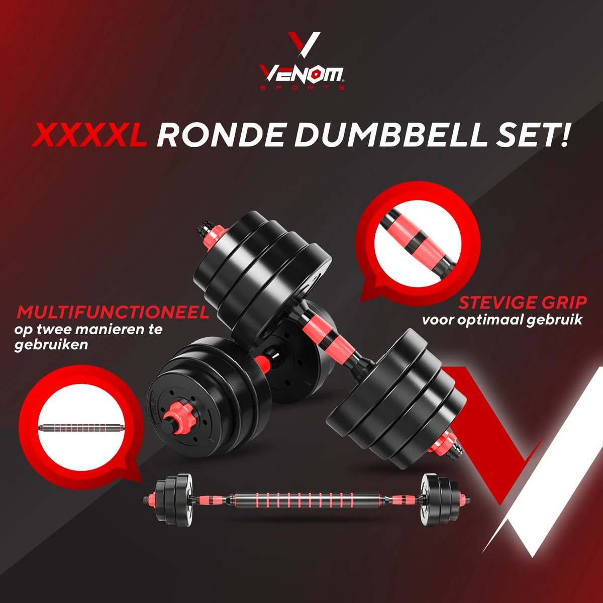Venom Sports Verstelbare Dumbbell Set Tot 40kg – Professionele 2-in-1 Halterset Gewichten – Gebruiksvriendelijke Fitness Stang – Verstelbare Dumbbellset – Home Gym – Krachttraining – Rood 4 Venom Sports Verstelbare Dumbbell Set Tot 40kg – Professionele 2-in-1 Halterset Gewichten – Gebruiksvriendelijke Fitness Stang – Verstelbare Dumbbellset – Home Gym – Krachttraining – Rood - Afbeelding 2