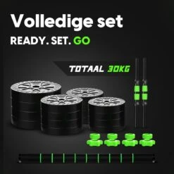 EchoGoods Halterset 30 KG - 2x15 KG - GRATIS Trainingschema - Dumbell Set - Barbell Halterstang Met Gewichten – Verstelbare Dumbells Met Gewichtschijven - Fitness Stang - Black Friday -Fit Gear Verkoop 1200x1200 939