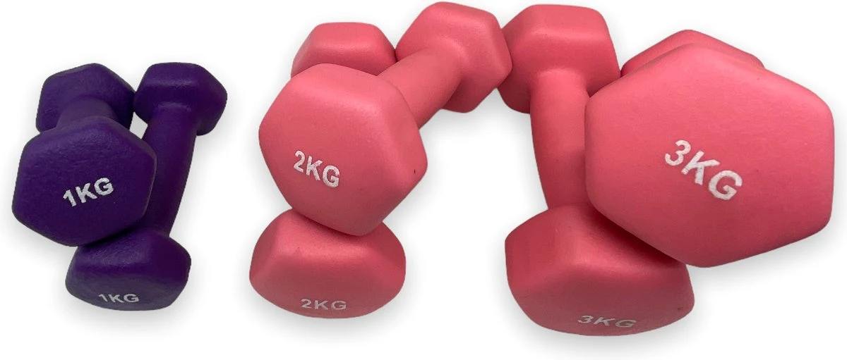 Dumbells - Neopreen Set 1, 2 En 3 Kg - Dumbellset - Halterset - Fitness Gewichten - Paars En Roze 3 Dumbells - Neopreen Set 1, 2 En 3 Kg - Dumbellset - Halterset - Fitness Gewichten - Paars En Roze