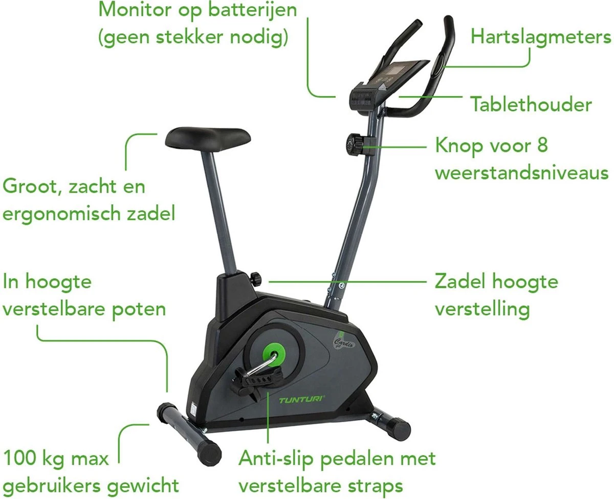 Tunturi Cardio Fit B30 Hometrainer - Fitness Fiets Met 8 Weerstandsniveaus - Voorzien Van Tablethouder En Transportwielen 10 Tunturi Cardio Fit B30 Hometrainer - Fitness Fiets Met 8 Weerstandsniveaus - Voorzien Van Tablethouder En Transportwielen - Afbeelding 8