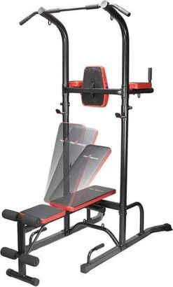 Fitness Trainer - Pull Up Toren - Dip Station – Push Up Bar - Dip Rack Halterbank Inc. 50 Kg GEWICHTEN + Sportbank Fitnessbank + Halterschijven + 3 Halterstangen - Multifunctioneel - Volledig Instelbaar - Opklapbaar -Fit Gear Verkoop 723x1200