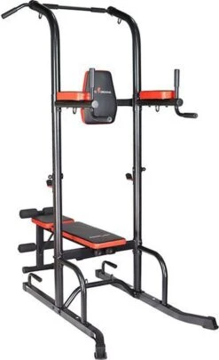 Fitness Trainer - Pull Up Toren - Dip Station – Push Up Bar - Dip Rack Halterbank Inc. 50 Kg GEWICHTEN + Sportbank Fitnessbank + Halterschijven + 3 Halterstangen - Multifunctioneel - Volledig Instelbaar - Opklapbaar -Fit Gear Verkoop 732x1200