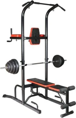 Fitness Trainer - Pull Up Toren - Dip Station – Push Up Bar - Dip Rack Halterbank Inc. 50 Kg GEWICHTEN + Sportbank Fitnessbank + Halterschijven + 3 Halterstangen - Multifunctioneel - Volledig Instelbaar - Opklapbaar -Fit Gear Verkoop 777x1200 1