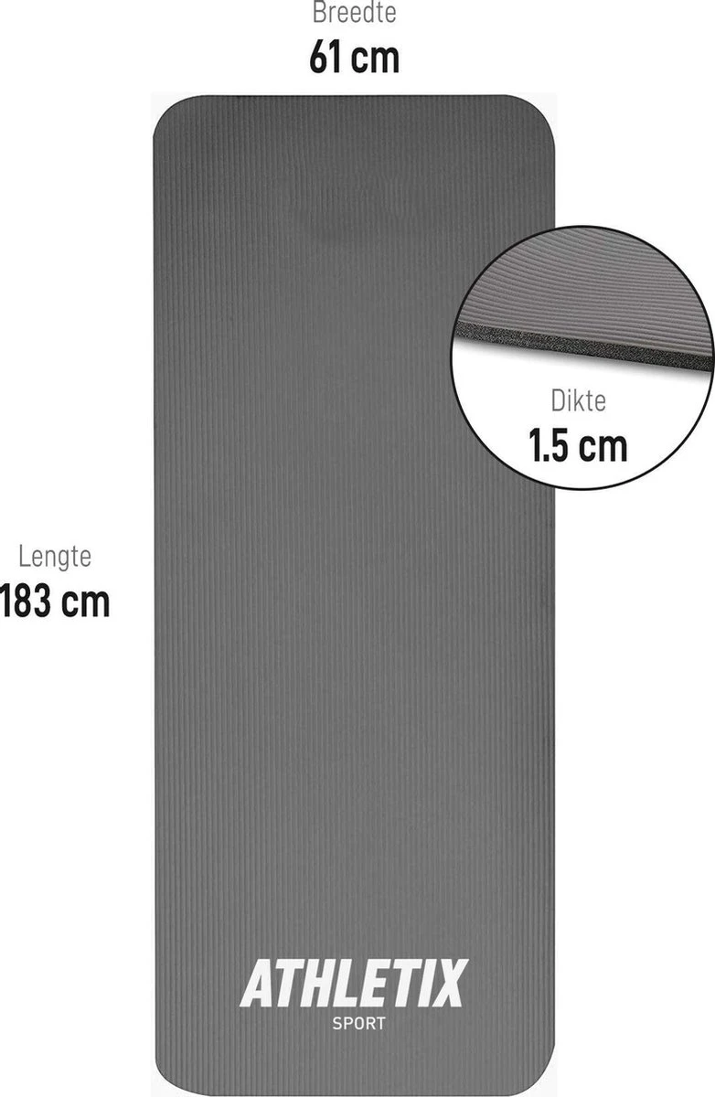 Athletix® Premium NBR Fitnessmat - 183 X 61 X 1.5 Cm - Yogamat Met Draagriem En Draagtas - Grijs 6 Athletix® Premium NBR Fitnessmat - 183 X 61 X 1.5 Cm - Yogamat Met Draagriem En Draagtas - Grijs - Afbeelding 4