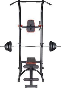 Fitness Trainer - Pull Up Toren - Dip Station – Push Up Bar - Dip Rack Halterbank Inc. 50 Kg GEWICHTEN + Sportbank Fitnessbank + Halterschijven + 3 Halterstangen - Multifunctioneel - Volledig Instelbaar - Opklapbaar -Fit Gear Verkoop 843x1200